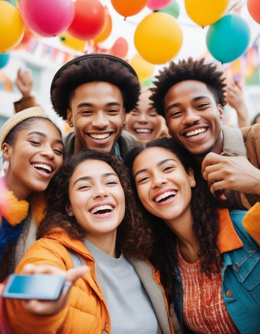 A vibrant scene depicting diverse individuals joyfully connecting at a community event, surrounded by colorful decorations and uplifting banners. Incorporate elements of technology subtly, like smartphones in their hands, representing Youjixz services facilitating these cheerful connections. The background should be bright and cheerful, symbolizing positivity and community spirit. Include playful and friendly expressions on everyone's faces to evoke a sense of warmth and togetherness. super-realistic. vibrant colors. white background.