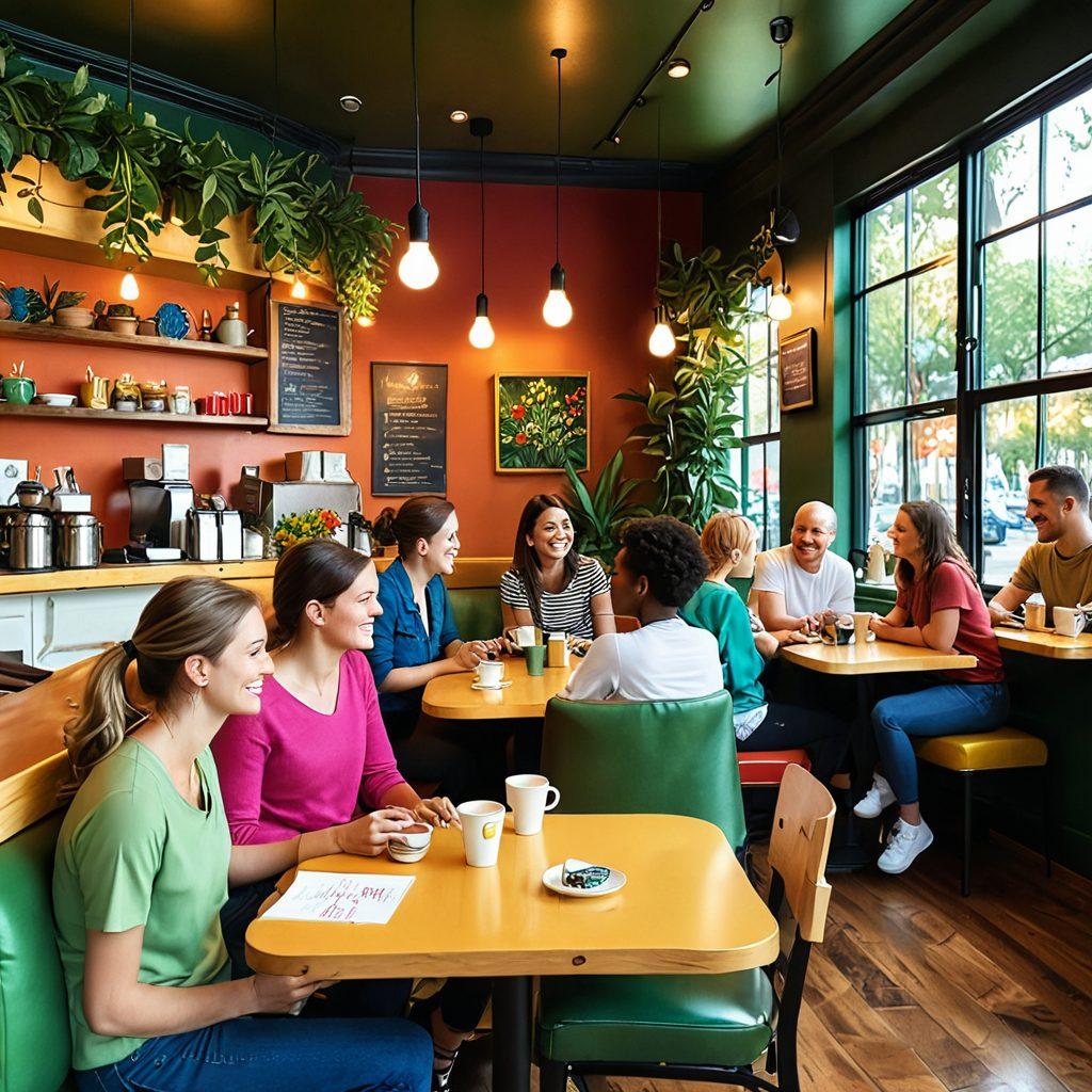 A vibrant community scene showcasing diverse individuals engaging joyfully in a cozy café setting, surrounded by plants and colorful art, symbolizing connection and happiness. Include cheerful facial expressions and communal activities like discussion, art, and games. The ambiance is warm and inviting, with soft lighting and lively decor. super-realistic. vibrant colors. warm tones.
